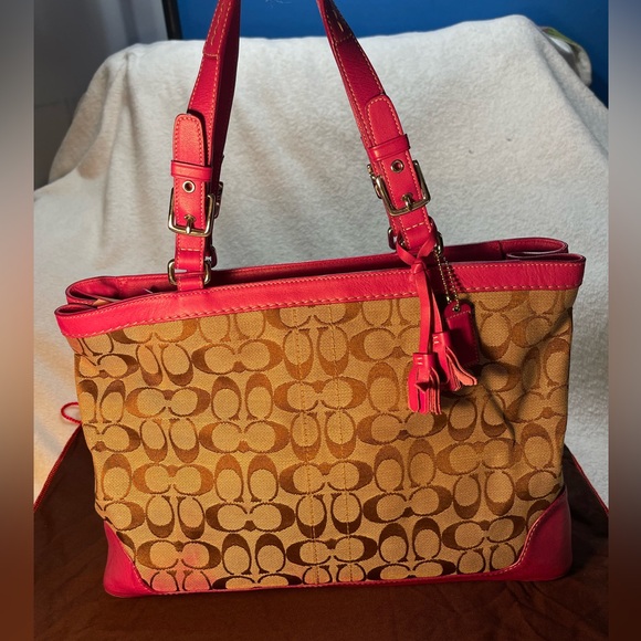 Coach Signature Canvas Pink Leather Trim Business Tote Laptop Work Bag F6432 - Picture 2 of 16